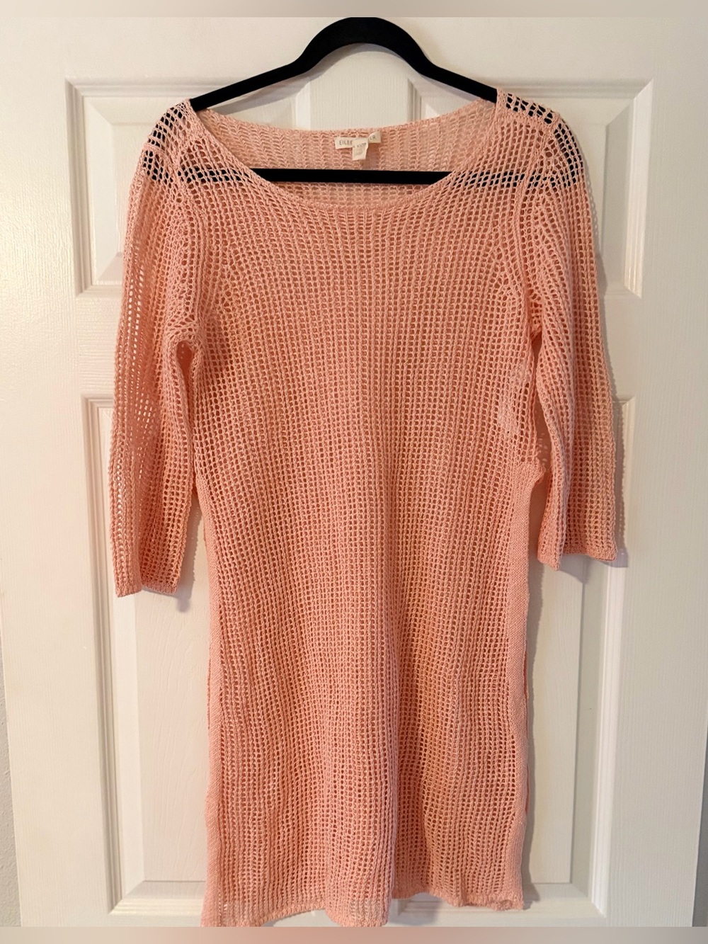Eileen Fisher Knit Peach Organic Linen Slits Top‎ Tunic Coastal Beach Size XS.